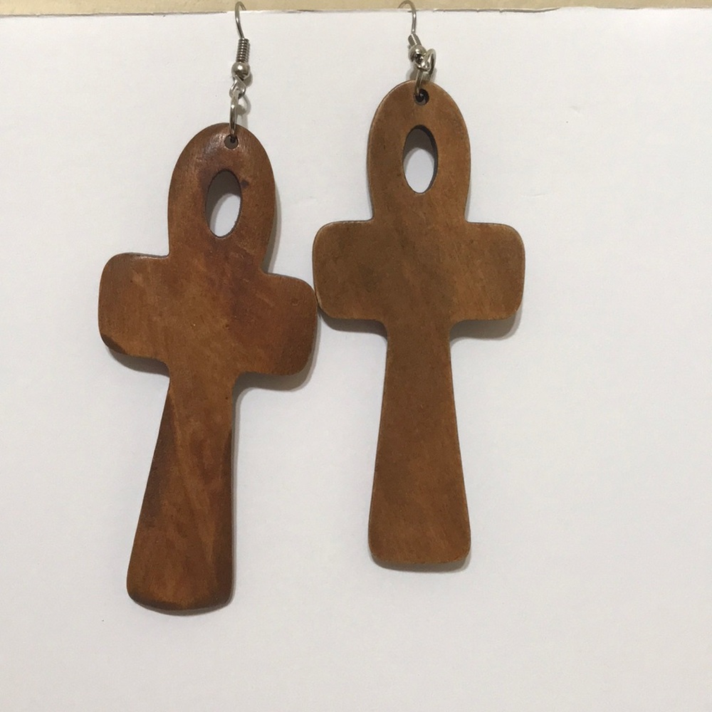 Cross dangle drop light wood earrings